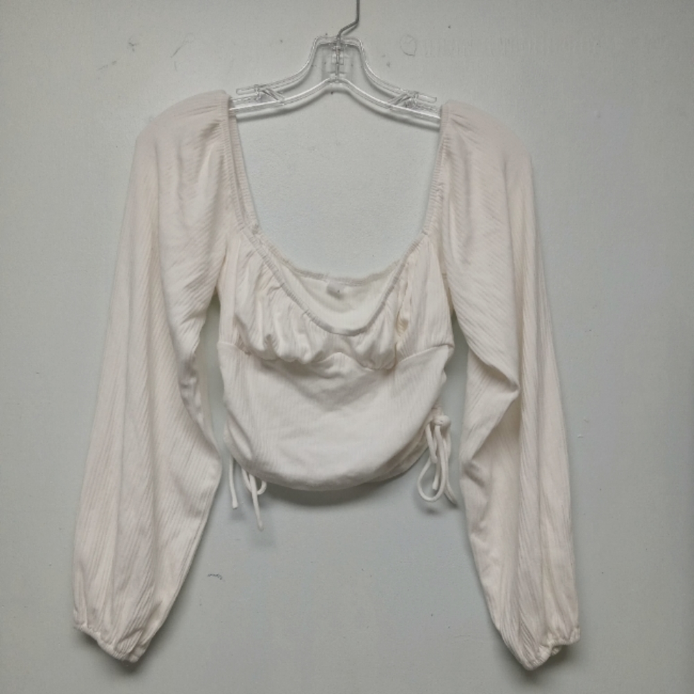 Hey Babe Crop Ribbed Ruched Side Drawstring Cream Balloon Sleeves Top